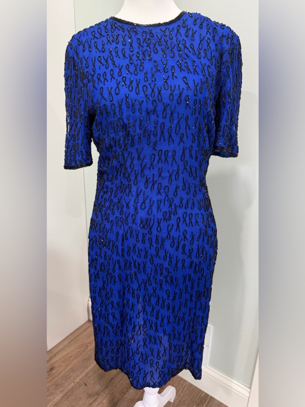 Vintage Silky Nites 100% Silk Beaded Cocktail Dress Blue 90s Evening Party Small